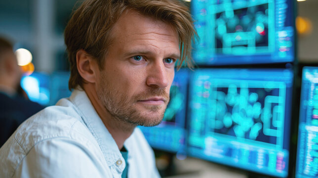 Football data analyst in a modern control room viewing abstract glowing match shapes with no numbers or words, generic screens, cool blue lighting.