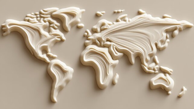 Abstract Sculptural Representation of World Map with Elegant Curves and Organic Shapes in Neutral Tones