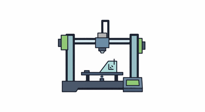 A stylized icon of a three-dimensional printer in action