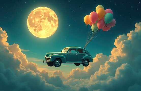 Vintage car flies through night sky with moon and clouds. Colorful balloons lift automobile over fluffy cumulus formations. Dreamlike scene suggests fantasy travel and escape.