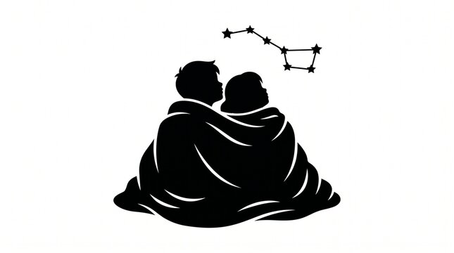 Children Wrapped in Blanket Looking at Big Dipper Constellation Silhouette Vector