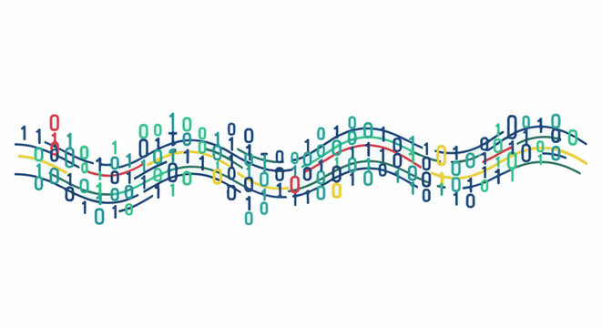 Abstract digital waveform composed of binary code and colorful wavy lines