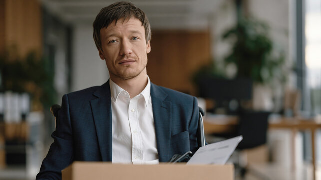 A disable person with formal clothes, just got fired. Looking the camera, holding a box with office equipment and paper.
