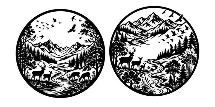 Mountain Wilderness Landscape Emblem Vector Illustration Set