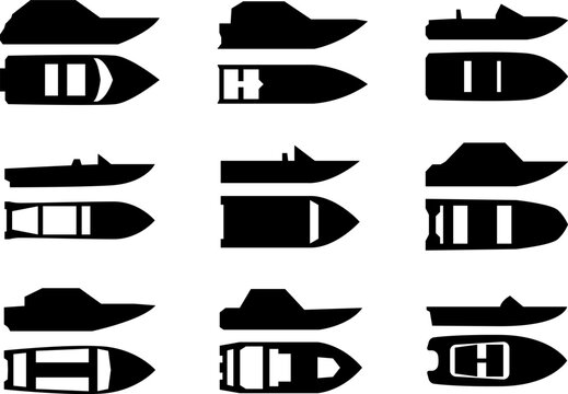 Vector illustrations of various types and kinds of boats, motorboats, ships and speedboats. Silhouette icons set of various boats in a simple style. Top and side views collection.