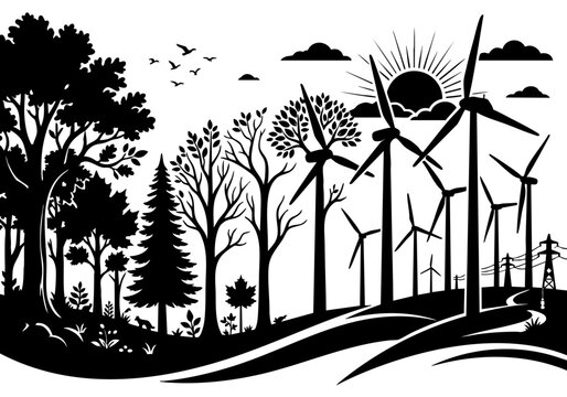 Renewable Energy and Forest Conservation Landscape Vector Illustration
