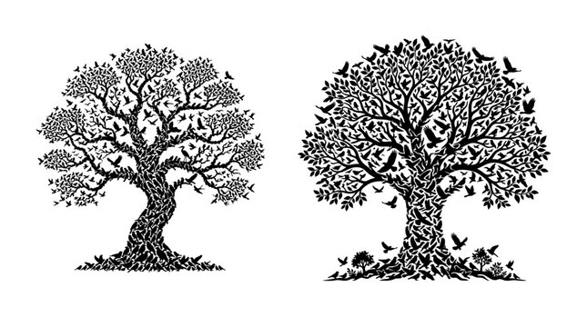 Detailed Tree Silhouette Nature Conservation Vector Illustration Set