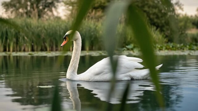 Portrait of a white mute swan swimming in water, symbol of purity, fidelity and love, elegant waterfowl wildlife concept with calm natural atmosphere and conservation appeal, soft natural light,
