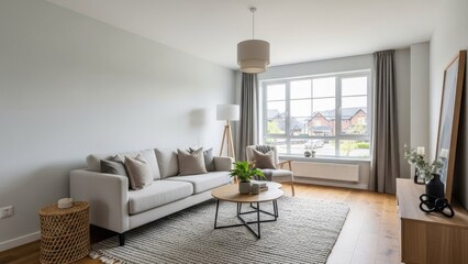 Fototapeta premium Bright living room with white sofa and natural light.