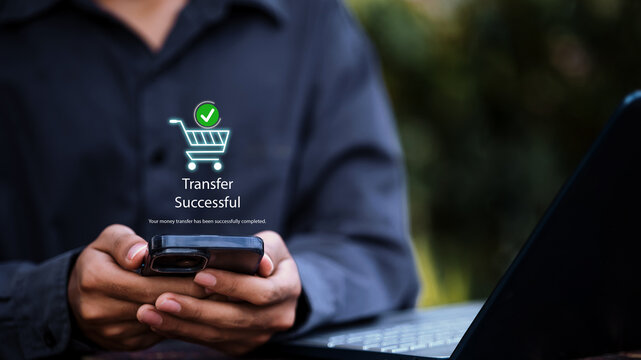 Transfer Successful Online Payment Smartphone Shopping Cart Checkmark E-Commerce Digital Banking Concept