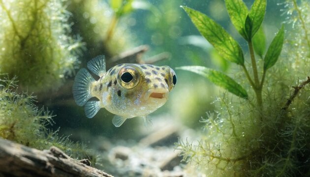 Tiny wild dwarf pea puffer fish swimming in a lushly planted freshwater habitat