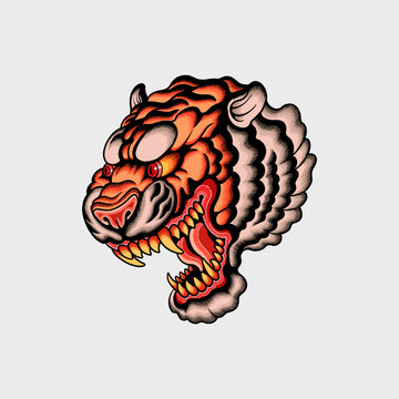 A fierce roaring tiger head illustration inspired by traditional Javanese style, perfect for streetwear clothing designs, tattoos, posters, and masculine brand merchandise graphics.
