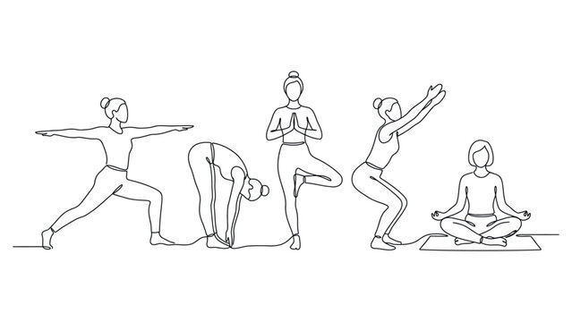 Continuous line drawing of people practicing yoga poses.