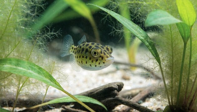 Tiny wild dwarf pea puffer fish swimming in a lushly planted freshwater habitat