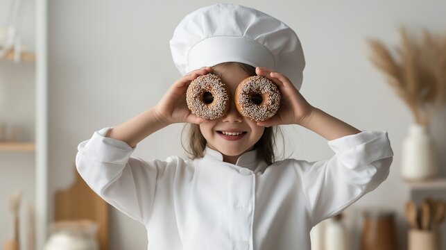 Little girl baker wearing chef hat and uniform, holding delicious donuts over eyes, smiling mischievously in a bright kitchen