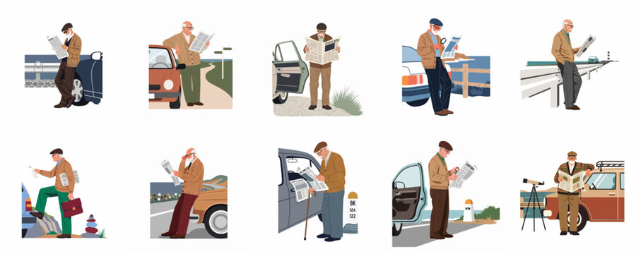 Set of illustrations featuring an elderly man reading a newspaper while traveling by car on various scenic road trips.