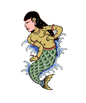 Javanese wayang style mermaid vector illustration with traditional waves, perfect for cultural t-shirt designs, ethnic tattoos, stickers, posters, and mythical heritage themed merchandise.