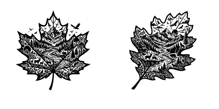 Detailed Maple Leaf Botanical Vector Illustration Set