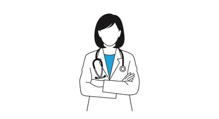Fototapeta premium Minimalist line art illustration of a female doctor standing confidently with her arms crossed and wearing a stethoscope.