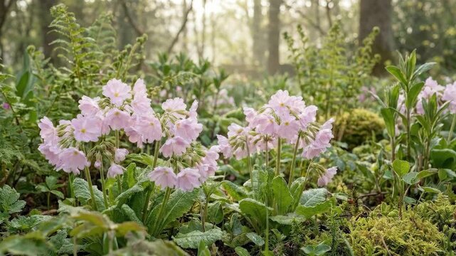 Pink English primrose flowers in a spring garden, fresh early blooming floral landscape with natural greenery and delicate petals, botanical design concept, soft natural light, realistic detail and