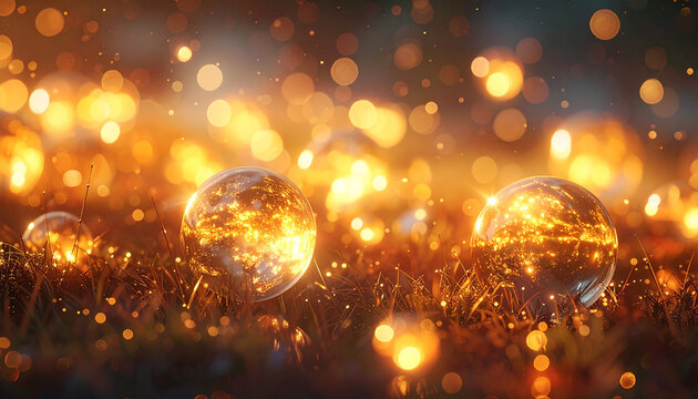 Magical glowing orbs in dewy grass at dawn with bokeh