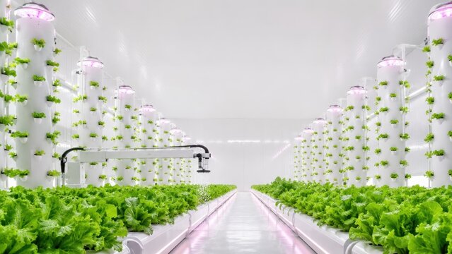 Vertical hydroponic lettuce towers growing under pink lights in clean farm