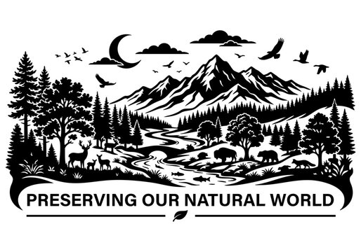 Natural World Conservation Landscape with Forest and Mountain Wildlife Vector Illustration