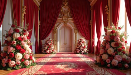 Fototapeta premium Elegant hall with large floral arrangements. Red curtains frame golden doors and windows. Rich roses create opulent decor on plush carpet. Event venue interior.