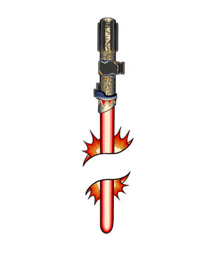 Futuristic laser light sword featuring intricate Javanese batik hilt patterns, perfect for sci-fi merchandise, cultural t-shirt designs, creative gaming assets, and unique pop-culture illustrations.