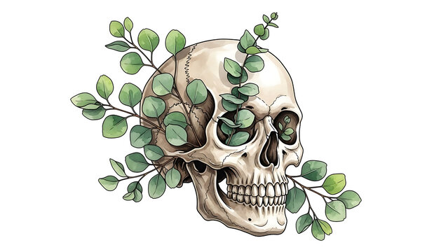 Skull with green leafy branches growing from it isolated on a transparent background