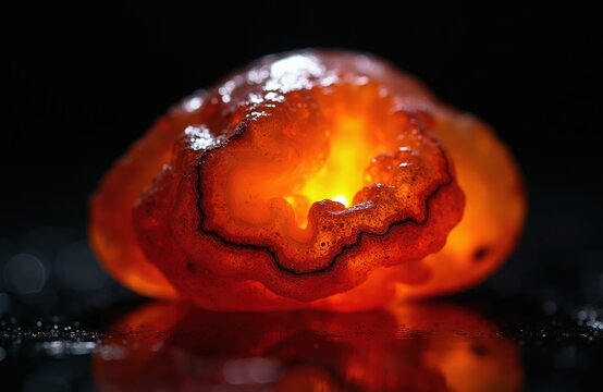 Bright orange agate stone glows with inner fire. Translucent mineral on dark wet surface. Natural geological formation, rough texture, abstract energy concept.