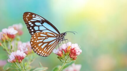 Obraz premium Butterfly with intricate blue and brown wings resting on a tiny pink blossom, creating a serene and dreamy nature scene