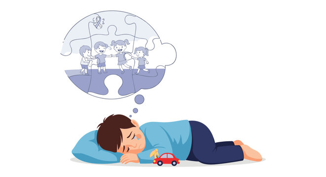 Sad young boy lying in bed with a toy car while dreaming of playing with his friends inside a large thought bubble.