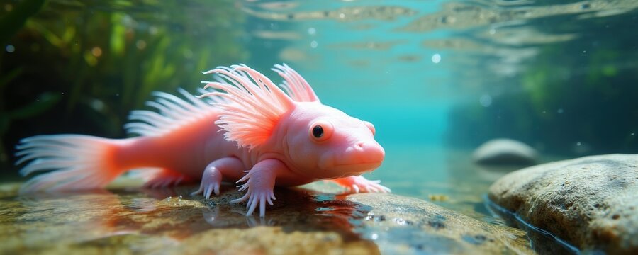 Pink axolotl swims in clean fresh water near river rocks. Leucistic Ambystoma mexicanum with external gills is a pet exotic fish. Aquatic creature lives in nature.
