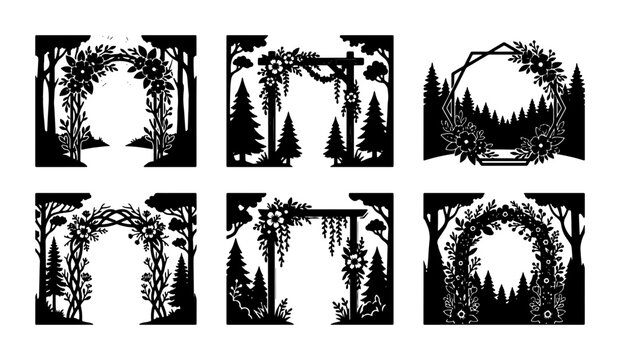 Forest wedding arch gate with trees and flowers silhouette for rustic outdoor ceremony Vector