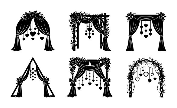 Collection of decorative wedding arches with flowers and hanging hearts, black silhouette Vector
