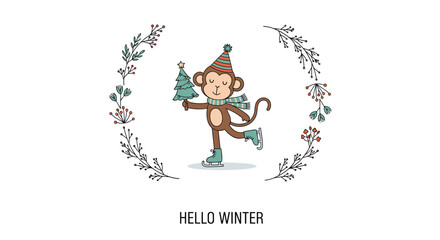 Fototapeta premium Cute cartoon monkey wearing a winter hat and scarf while ice skating and holding a small decorated Christmas tree.