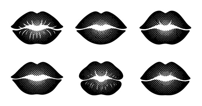 Six black lipstick kiss marks, different shapes, isolated on white Vector