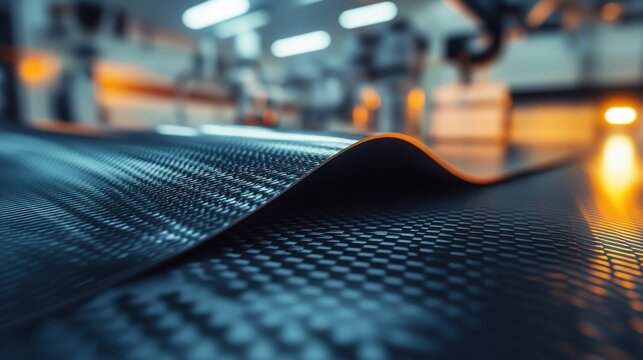 Close-up of Carbon Fiber Sheets Under LED Lighting with Reflection and Texture