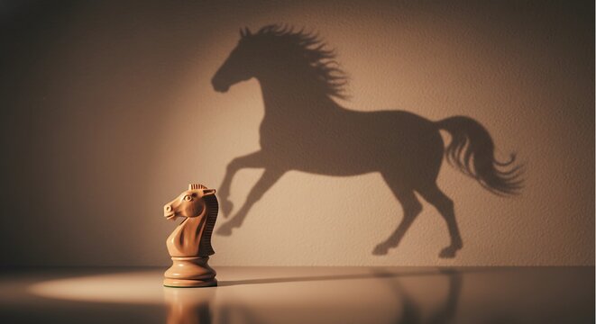 Wooden chess knight casting a shadow of a galloping wild horse. Powerful business concept for hidden potential, ambition, leadership, and big dreams. Perfect for motivational corporate strategy art.
