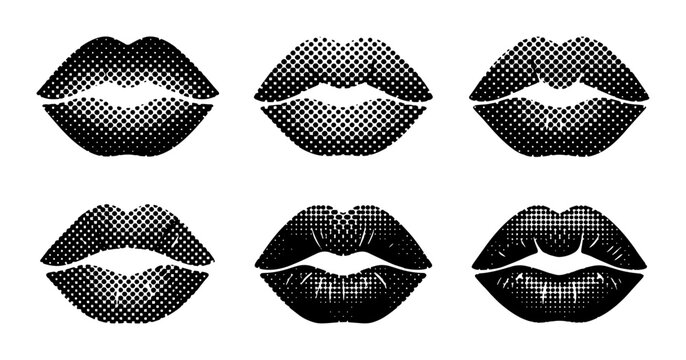 Six black lips kiss marks in halftone dot pattern style, illustration Vector