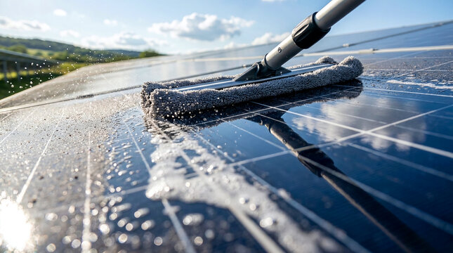 Close up of worker wiping dust off solar panel with water spray wiper tool for maintenance efficiency technician workflow