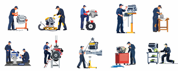 Naklejka premium Collection of professional auto mechanics repairing, diagnosing and maintaining car engines in various workshop scenarios, flat vector illustration isolated on white background.