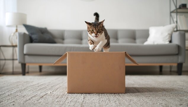 Action shot of an energetic tabby cat jumping into a cardboard box