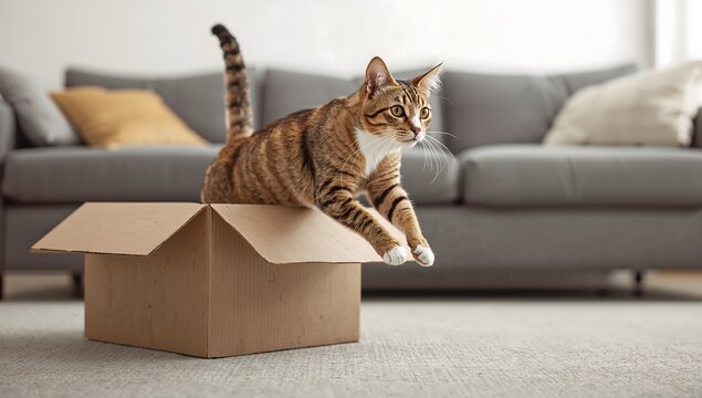 Playful tabby cat jumping out of cardboard box in living room