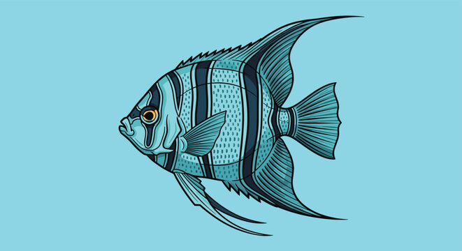 Detailed illustration of an angelfish with black stripes and fins swimming against a solid blue background for marine life projects.