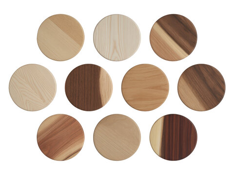 Set of various wooden coasters isolated on transparent background
