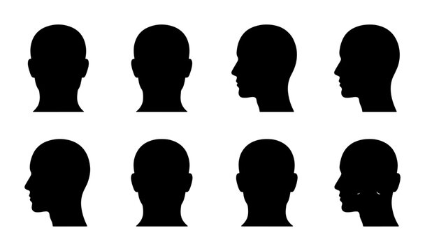 Collection of diverse human head silhouettes viewed from different angles, front, side, and back Vector