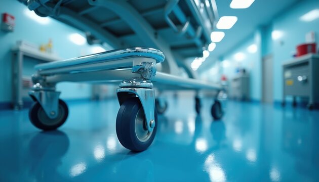 Hospital gurney on wheels in bright sterile hallway. Medical transport equipment ready for patient. Clean healthcare facility interior scene.