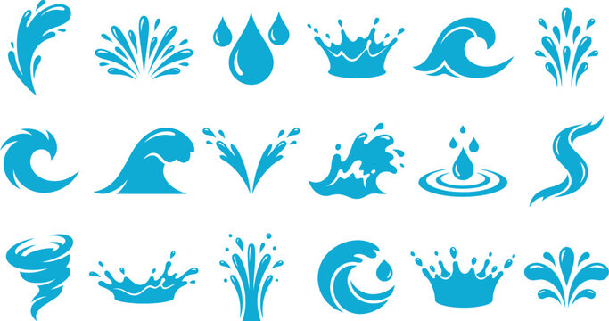 Collection of blue water splash and wave icons in various dynamic styles and shapes